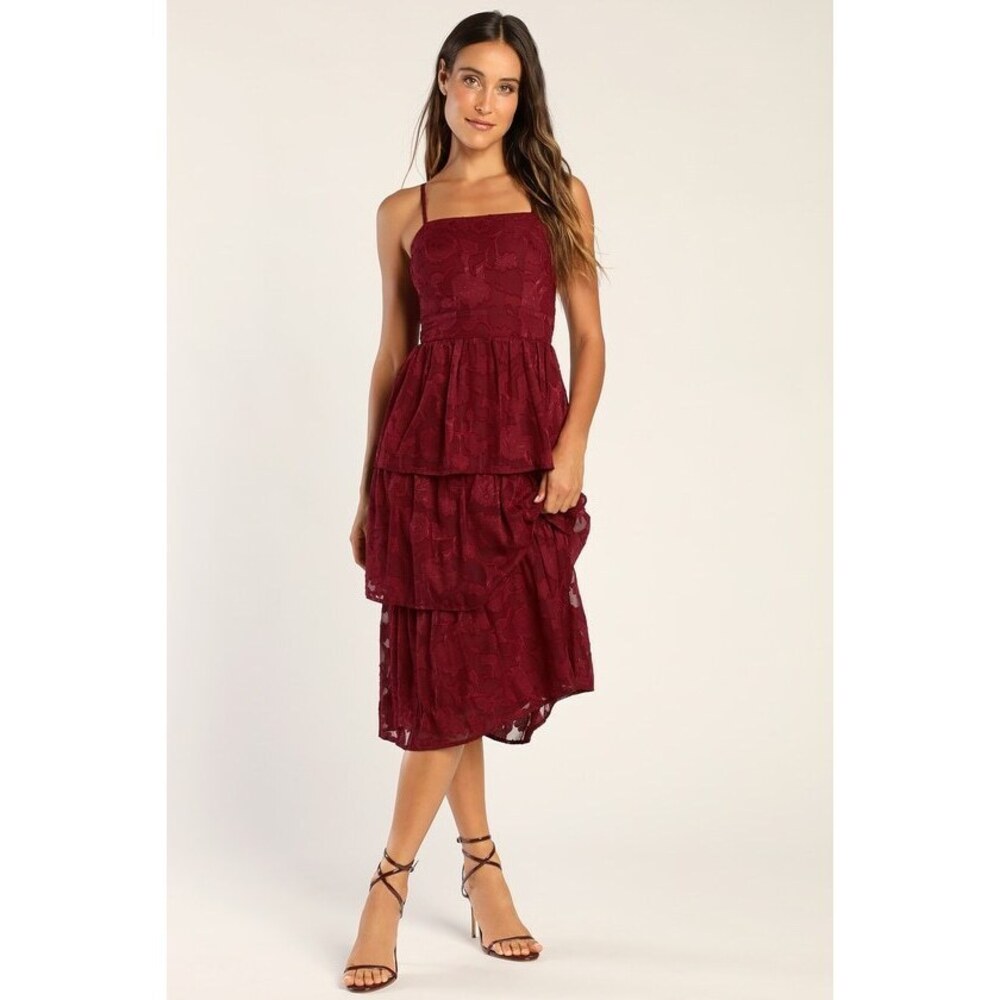 Lulus Grace And Beauty Burgundy Burnout Floral Print Tiered Dress - Size XL